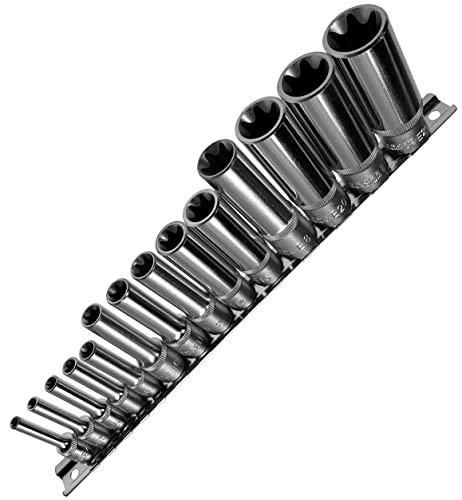 Alkan Steckschlüssel-Einsätze (Lang/Tief) Stecknüsse E-Profil von E4 bis E24 für aussen Torx Schrauben 1/4", 3/8" und 1/2" Antrieb auf Steckschiene - CV-Stahl-Nuss, 14-tlg. von ALKAN