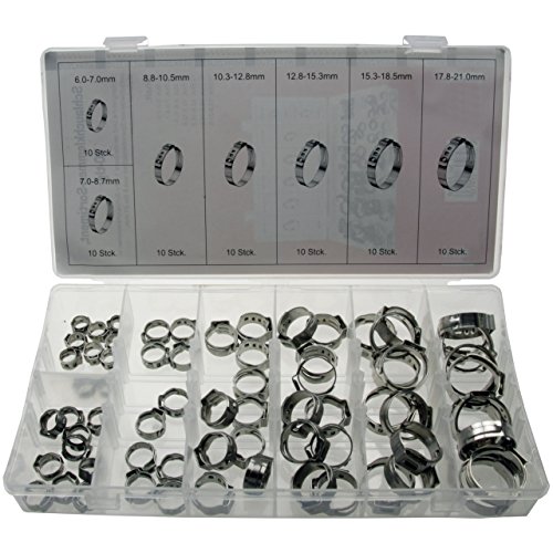 70 Stück Universal 1-Ohr Schlauchschellen/Klemmschelle(1-Ohr-Klemmen) Leitungsschelle Schlauchklemmen Leitungsschellen-Sortiment aus EDELSTAHL 6-21mm (im Aufbewahrungsbox/Sortimentsbox) von ALKAN
