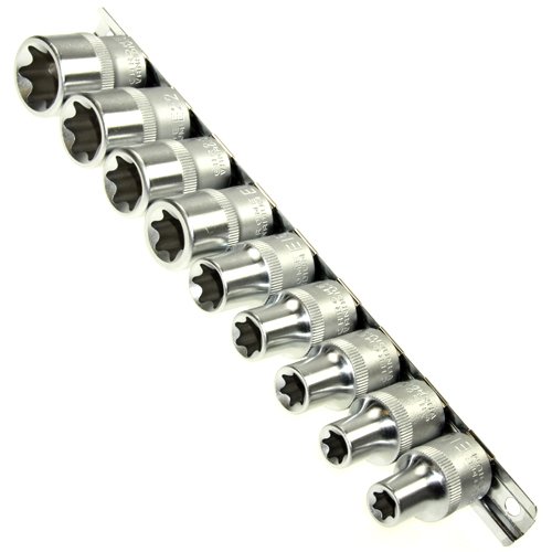 Alkan Steckschlüssel-Einsätze E10-E24, 1/2" Zoll-Antrieb für E-Profil aussen Torx Schrauben - E10 - E11- E12 - E14 - E16 - E18 - E20 - E22 und E24, 9-tlg. Chrom-Vanadium-Stahl von ALKAN