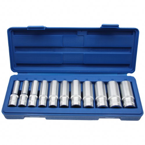 Lange Steckschlüsseleinsätze Nusskasten Stecknuss Schraubenschlüssel Stecknüsse 3/8" Nuss 8-19 mm - Chrom-Vanadium-Stahl - 11 tlg. Inkl. robuste Kunststoffbox von ALKAN