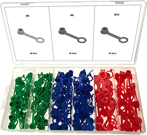 Staubschutzkappen-Sortiment/Schutzkappen-Set/Abdeckkappen-Satz für Schmiernippel Kegelnippel Fettnippel Grösse M6 - M8 und M10 ROT BLAU GRÜN, 144-tlg. (im Aufbewahrungsbox/Sortimentsbox) von ALKAN