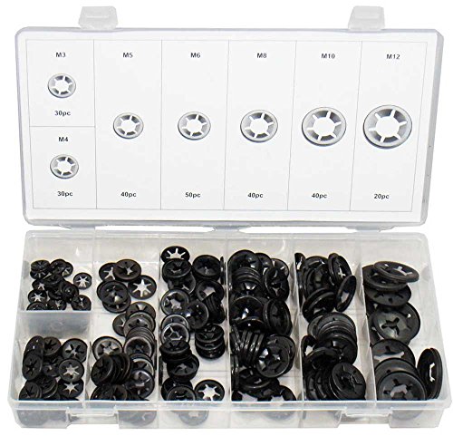 Sicherungsscheiben Set/Sperr Sicherungsring Satz Stern Schnellspanner Sortiment Größen M3 M4 M5 M6 M8 M10 M12 Sicherungs-Unterlegscheiben-Set 250-tlg. (im wiederverwendbaren Aufbewahrungsbox) von ALKAN