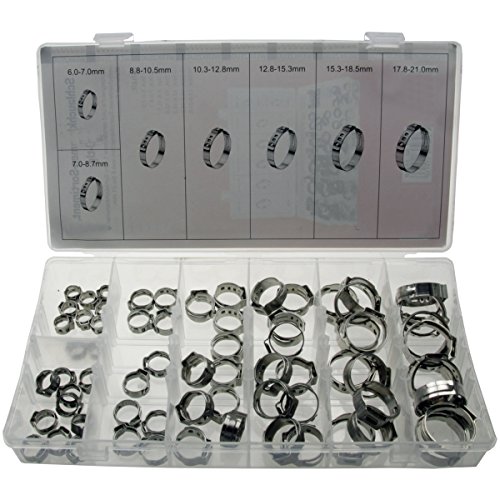 Universal 1-Ohr Mini Schlauchschellen/Klemmschelle(1-Ohr-Klemmen) Leitungsschelle Schlauchklemmen Leitungsschellen-Sortiment aus EDELSTAHL 6-21mm, 66-tlg. (im Aufbewahrungsbox/Sortimentsbox) von ALKAN