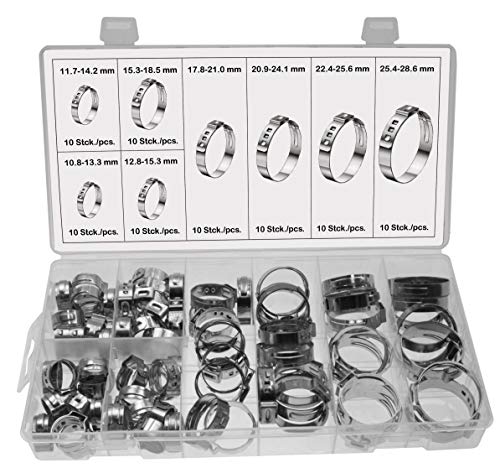 Universal 1-Ohr Schlauchschellen/Klemmschelle(1-Ohr-Klemmen) Leitungsschelle Schlauchklemmen Leitungsschellen-Sortiment aus 304SS EDELSTAHL 10.8-28.6 mm im Aufbewahrungsbox/Sortimentsbox, 80-tlg. von ALKAN