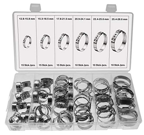Universal 1-Ohr Schlauchschellen/Klemmschelle(1-Ohr-Klemmen) Leitungsschelle Schlauchklemmen Leitungsschellen-Sortiment aus 304SS EDELSTAHL 12.8-28.6 mm im Aufbewahrungsbox Sortimentsbox, 75-tlg. von ALKAN