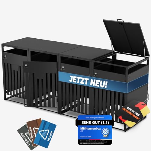 ALL Premium Mülltonnenbox 4er – Abschließbar & wetterfest, für Garten, Hof & Straße, beliebig erweiterbar, legierter Stahl robust & langlebig von ALL