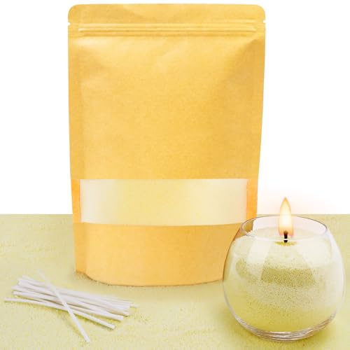 ALLAVA Kerzensand mit Docht, Kerzensand 400g mit 20 Docht 10cm, Perlenkerzen mit 20 Kerzendocht ohne Basis, Kerzen Sand, Pearled Candle, Wachsgranulat für Wachskerze Selber Machen (Flaches Gelb) von ALLAVA