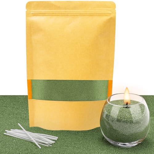 ALLAVA Kerzensand mit Docht, Kerzensand 400g mit 20 Docht 10cm, Perlenkerzen mit 20 Kerzendocht ohne Basis, Kerzen Sand, Pearled Candle, Wachsgranulat für Wachskerze Selber Machen (Grün) von ALLAVA