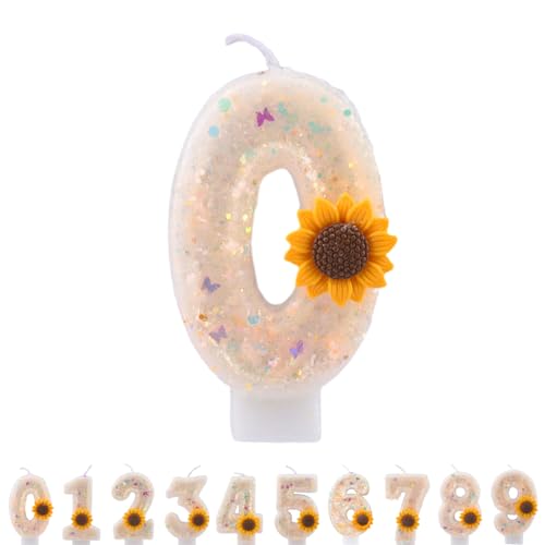 ALLVA Kerzen Geburtstag 0, Geburtstagskerzen Sonnenblume Zahlen Mädchen, Glitzernde Kerze 0, Geburtstagskerzen für Kinder, Erwachsene,Geburtstagsfeier, Jubiläum, Meilenstein (Nummer 0) von ALLAVA