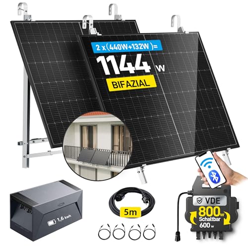 Balkonkraftwerk 860W/800W mit 2x430W Bifazialer Glas Solarmodule, balkonkraftwerk 800W komplett steckdose mit 1,6KWH Speicher, Wechselrichter upgradebar 600W auf 800W inkl. WLAN&BT, Mit 2x Halterungen von ALLDREI