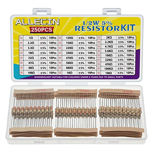 ALLECIN 25 Werte 1/2W Widerstand Sortiment 5% Toleranz 1 Ohm bis 1M Ohm 1/2 Watt Kohlenstofffilm Widerstände Set 1/2 W Wiederstände Resistor Kit Carbon Film Wiederstand von ALLECIN