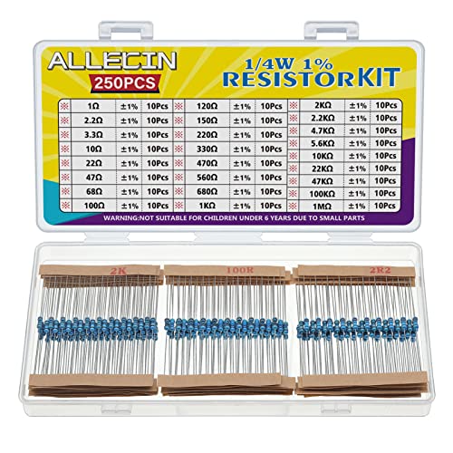 ALLECIN 25 Werte 1/4W Widerstand Set 1/4 Watt Metallfilm Widerstände Sortiment von 1 Ohm bis 1M Ohm 1/4 W 1% Toleranz Metall Film Resistor Kit Wiederstand Elektronik ALLECIN 25 Werte 1/4W Widerstand Set 1/4 Watt Metallfilm Widerstände Sortiment von 1 Ohm bis 1M Ohm 1/4 W 1% Toleranz Metall Film Resistor Kit Wiederstand Elektronik von ALLECIN