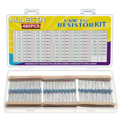 ALLECIN 48Werte 1/8W Widerstand Set 1% von 0 Ohm bis 6,8M Ohm 1/8 Watt Metallfilm Widerstände 1/8 W Wiederstände Metall Film Resistor Kit (480 Stück) von ALLECIN