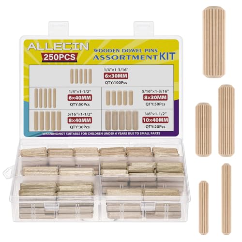 ALLECIN 5 Werte Holzdübel Set 8MM 6MM 10MM Dübel Holz Geriffelt 6x30 6x40 8x30 8x40 10x40 MM Holzdubel für Möbel Holzbearbeitung Basteln von ALLECIN