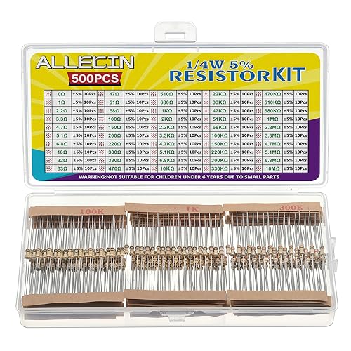 ALLECIN 50 Werte 1/4W Widerstand Sortiment von 0 Ohm bis 10M Ohm 1/4Watt Kohlenstofffilm Widerstände Set 5% Toleranz 1/4 W Carbon Film Resistor Kit Wiederstand Elektronik ALLECIN 50 Werte 1/4W Widerstand Sortiment von 0 Ohm bis 10M Ohm 1/4Watt Kohlenstofffilm Widerstände Set 5% Toleranz 1/4 W Carbon Film Resistor Kit Wiederstand Elektronik von ALLECIN