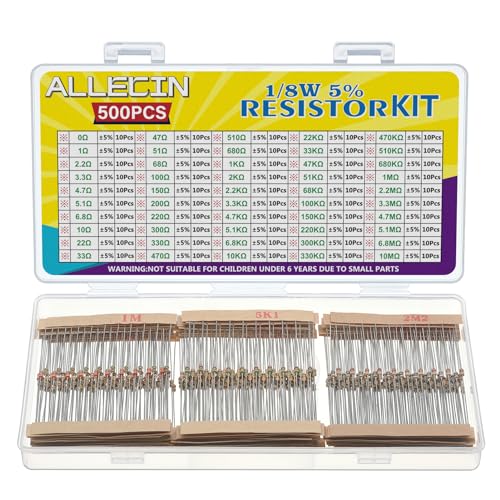 ALLECIN 50 Werte 1/8W Widerstand Sortiment 5% von 0 Ohm bis 10M Ohm 1/8 Watt Kohlenstofffilm Widerstände Set 1/8 W Wiederstände Resistor Kit Carbon Film Wiederstand Elektronik (500 Stück) von ALLECIN