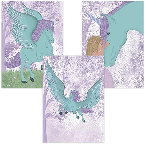 ALLEOVS® Poster - Mädchen und Pegasus - 3er Set – Einhorn Kinderposter für Kinderzimmer Babyzimmer – Deko-Poster zur Dekoration mit Pegasus Motiven, Jungen & Mädchen, Kunstdruck A4 (AL4) von ALLEOVS