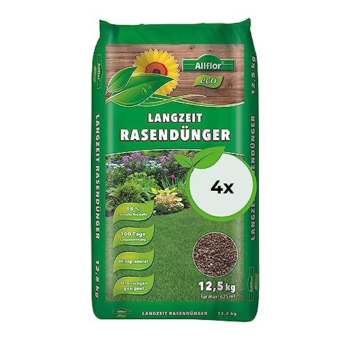 Allflor Eco Langzeit Rasendünger 4 x 12,5 kg I Dünger aus hochwertigen wiederverwerteten Rohstoffen I NPK-Dünger für alle Rasensaaten I Dünger fördert ein dichte Grasnarbe | Für max. 2500 m² von ALLFLOR