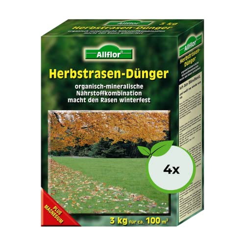 4x Allflor Herbst-Rasendünger 3kg Box I Zur Stärkung der Gräser I Optimale Nährstoffzufuhr I Macht den Rasen winterfest I füllt Kalidepot auf I Ideal für Spätsommer & Herbst I Bio Herbstrasendünger von ALLFLOR