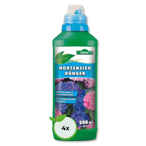 Allflor Hortensiendünger I Rhododendron Dünger I Blumendünger flüssig I 4 x 500 ml I Fördert langanhaltende Blütenpracht bei Zimmer- & Balkonpflanzen I Flüssigdünger von ALLFLOR