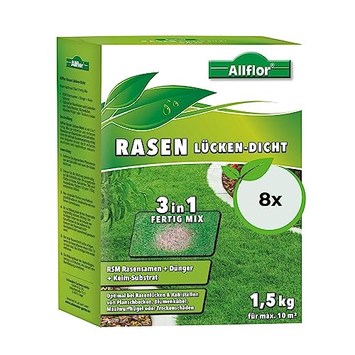 Allflor Rasen-Lücken-Dicht I 8 x 1,5 Kg I 3-in-1 Fertig Mix I Mischung aus Rasensamen, Dünger und Keimsubstrat I Ideal zur Reparatur von Kahlstellen & Rasenlücken I Für einen grünen Rasen von ALLFLOR