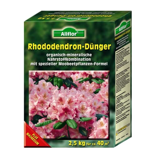Allflor Rhododendrondünger I 1 x 2,5 Kg I Organisch-Mineralische Nährstoffkombination für Moorbeetpflanzen I Rhododendron Dünger in der Faltschachtel I Magnesium-betontes Düngemittel von ALLFLOR