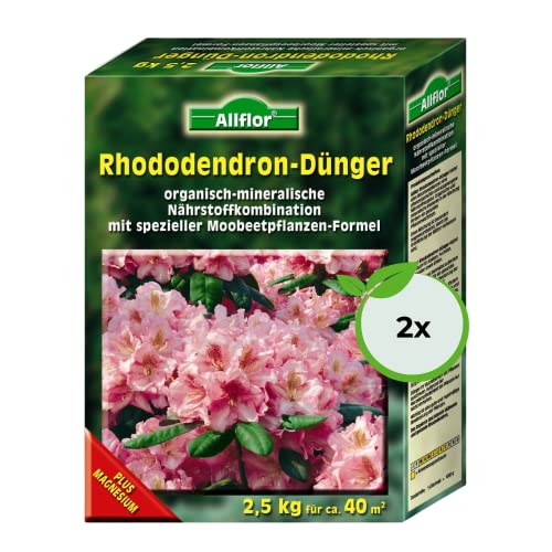 Allflor Rhododendrondünger I 2 x 2,5 Kg I Organisch-Mineralische Nährstoffkombination für Moorbeetpflanzen I Rhododendron Dünger in der Faltschachtel I Magnesium-betontes Düngemittel von ALLFLOR