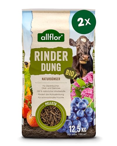 Allflor Rinderdung gekörnt - 2 x 12,5 Kg - Rinderdungpellets im Beutel - Wirtschaftsdünger von Rindern - Biologischer Gartendünger - Rindermist - Fördert die Humusbildung von ALLFLOR