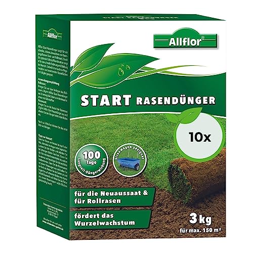 Allflor Start-Rasendünger 10 x 3 kg I Für die Neuaussaat & Rollrasen I Rasendünger streuwagenfähig in der Faltschachtel I Mit optimaler Nährstoffkombination für starke Wurzeln I Für ca. 1500m² von ALLFLOR