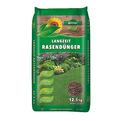 Allflor Langzeit Rasendünger 1 x 12,5 kg I Dünger aus hochwertigen wiederverwerteten Rohstoffen I NPK-Dünger für alle Rasensaaten I Dünger fördert ein dichte Grasnarbe | Für max. 625 m² von ALLFLOR