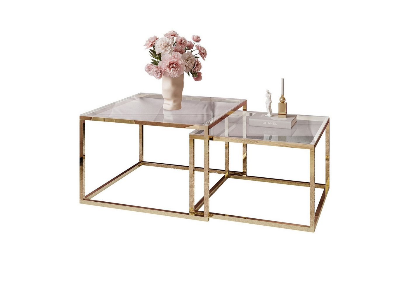 ALLHOUSE24 Couchtisch 2 in 1 MAYA GLAS goldverchromte Metallgestell Sofatisch Tisch SET (2er Set) von ALLHOUSE24