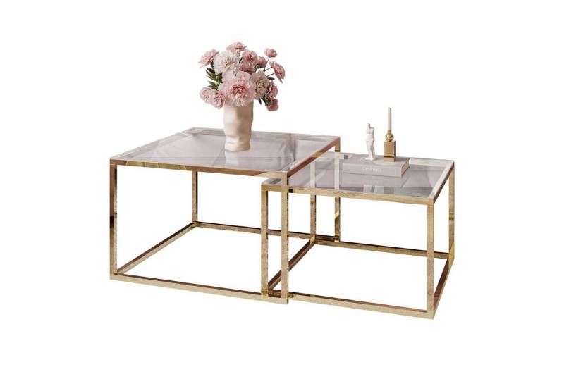 ALLHOUSE24 Couchtisch 2 in 1 MAYA GLAS goldverchromte Metallgestell Sofatisch Tisch SET (2er Set) von ALLHOUSE24