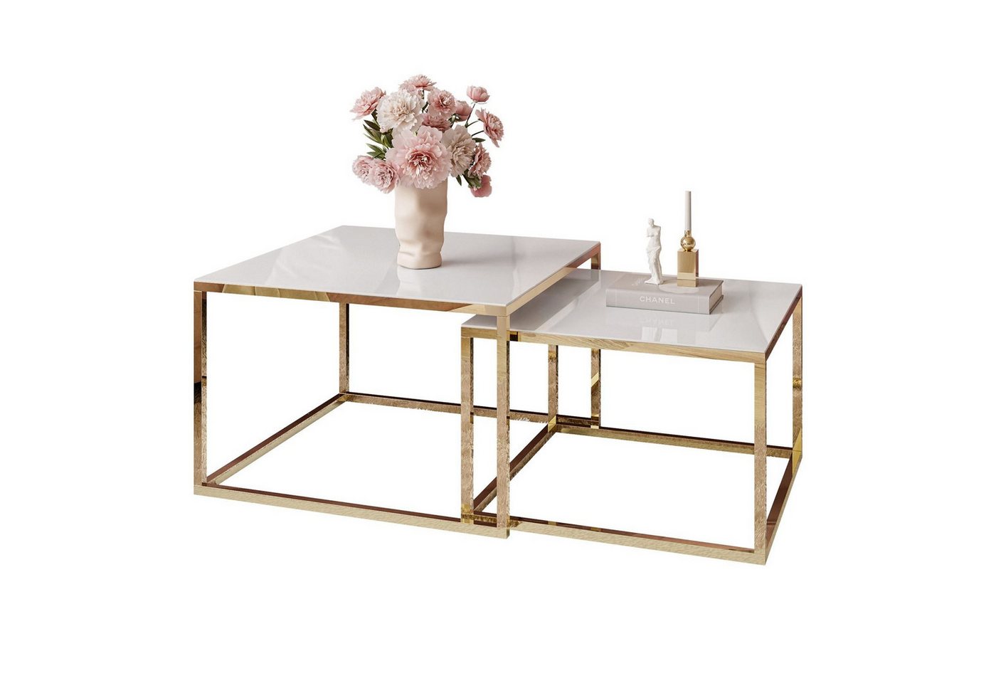 ALLHOUSE24 Couchtisch 2 in 1 MAYA GLAS goldverchromte Metallgestell Sofatisch Tisch SET (2er Set) von ALLHOUSE24