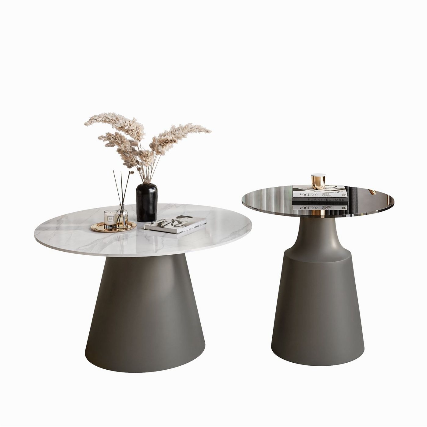 ALLHOUSE24 Couchtisch CHANTI 2 in 1 runder Kafeetisch Grau / Weiß Marmour + Glas (2er-Set), Durchmesser: ⌀70 cm und ⌀50 cm von ALLHOUSE24