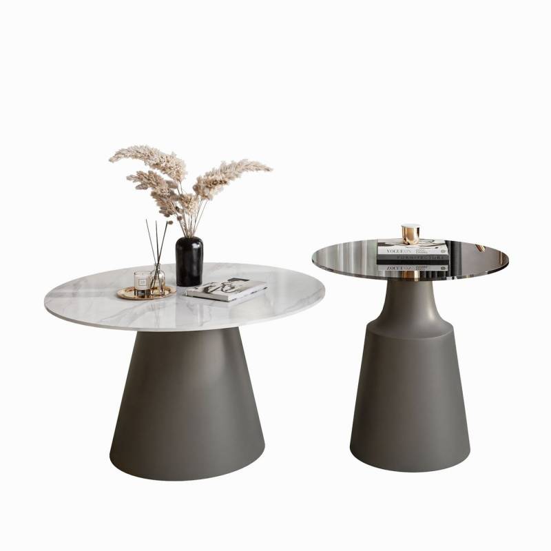 ALLHOUSE24 Couchtisch CHANTI 2 in 1 runder Kafeetisch Grau / Weiß Marmour + Glas (2er-Set), Durchmesser: ⌀70 cm und ⌀50 cm von ALLHOUSE24