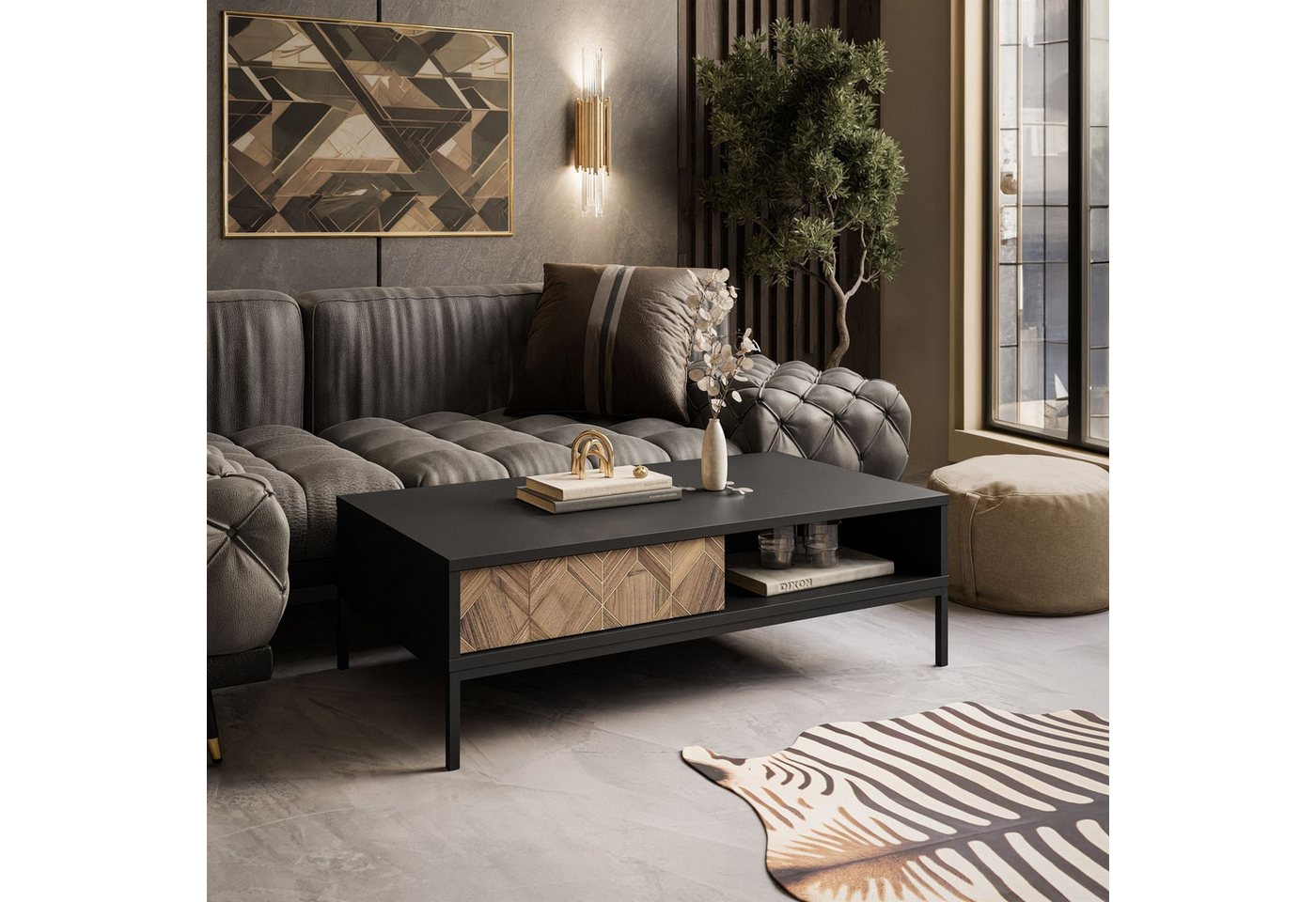 ALLHOUSE24 Couchtisch Dekor Liam Gold Nussbaum Metallgestell schwarz Sofatisch Schublade, Breite 120 cm von ALLHOUSE24