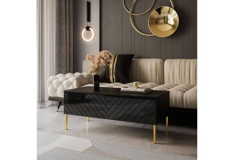 ALLHOUSE24 Couchtisch ELISE 120 Sofatisch Fischgrätenfront Hochglanz gold Beine BERLIN von ALLHOUSE24