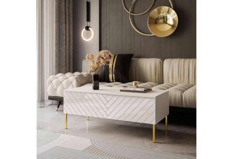 ALLHOUSE24 Couchtisch ELISE 120 Sofatisch Fischgrätenfront Hochglanz gold Beine BERLIN von ALLHOUSE24