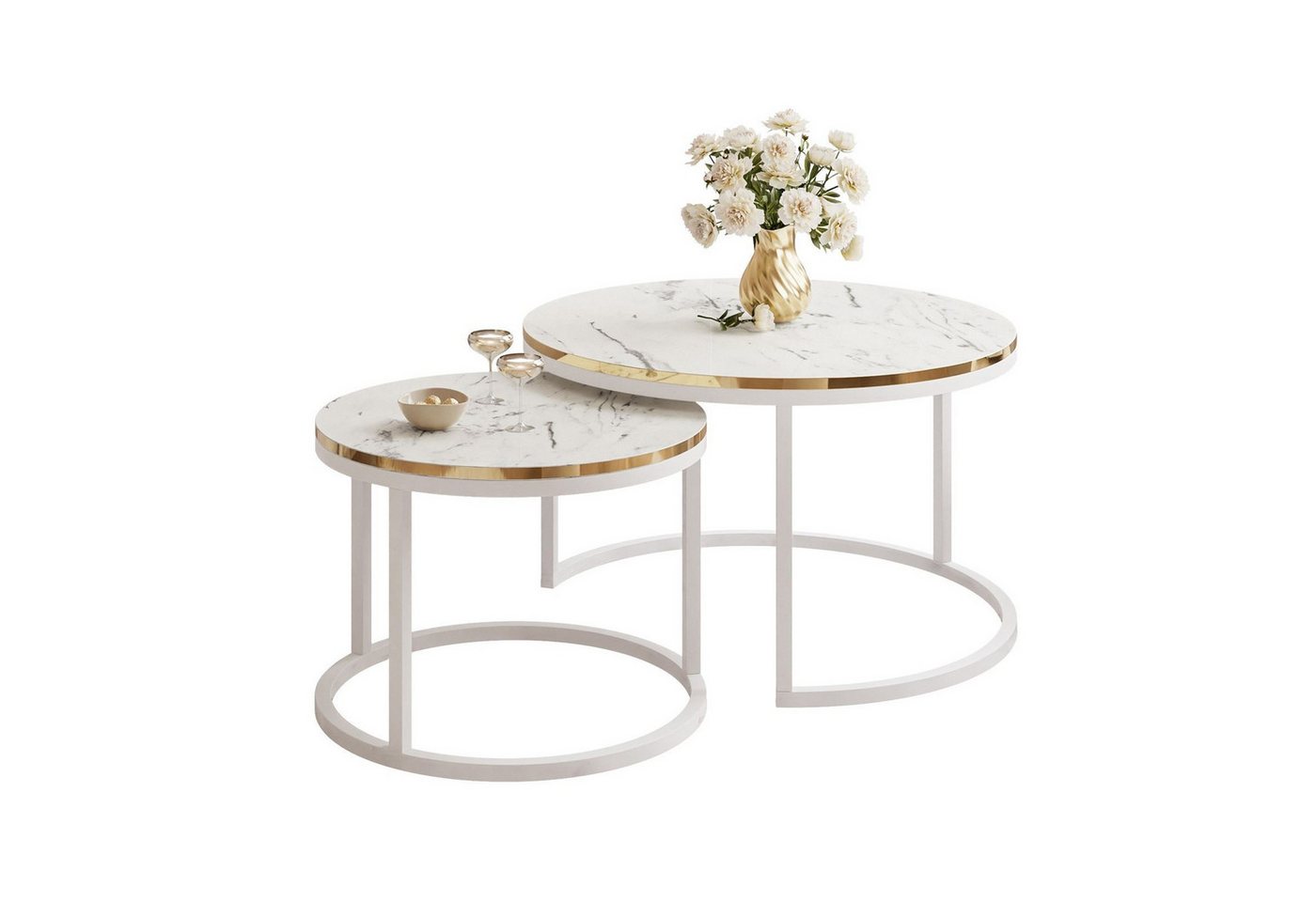 ALLHOUSE24 Couchtisch LEILA Marmor Optik 2 in 1 runder Kafeetisch Metallgestll (2er Set), Durchmesser: ⌀70 cm und ⌀50 cm von ALLHOUSE24