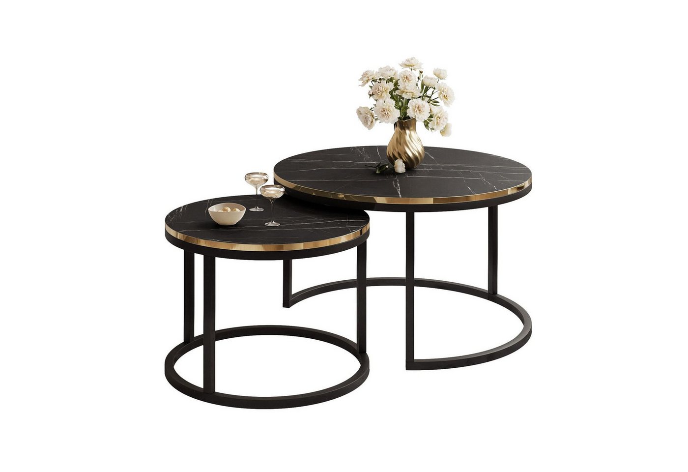 ALLHOUSE24 Couchtisch LEILA Marmor Optik 2 in 1 runder Kafeetisch Metallgestll (2er Set), Durchmesser: ⌀70 cm und ⌀50 cm von ALLHOUSE24