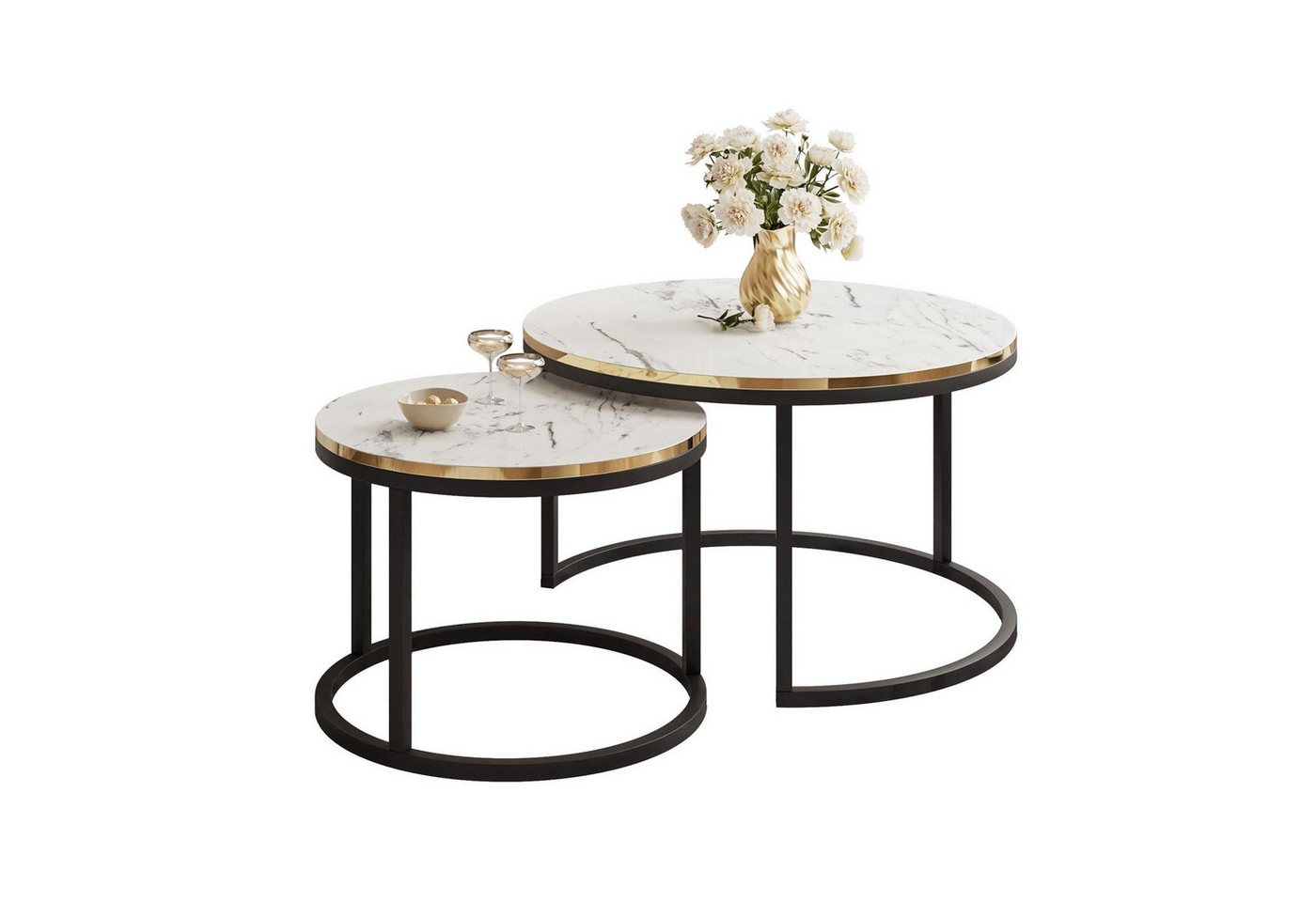 ALLHOUSE24 Couchtisch LEILA Marmor Optik 2 in 1 runder Kafeetisch Metallgestll (2er Set), Durchmesser: ⌀70 cm und ⌀50 cm von ALLHOUSE24