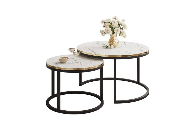 ALLHOUSE24 Couchtisch LEILA Marmor Optik 2 in 1 runder Kafeetisch Metallgestll (2er Set), Durchmesser: ⌀70 cm und ⌀50 cm von ALLHOUSE24
