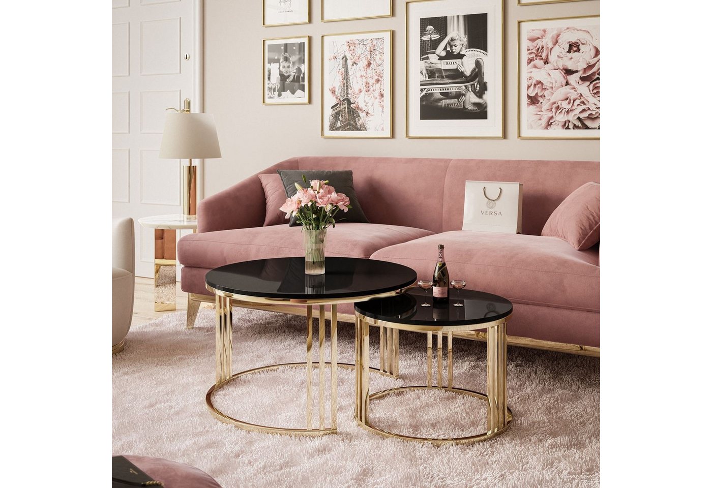 ALLHOUSE24 Couchtisch PEONY 2 in 1 GOLD Chrom Metallgestell Hochglanz runder Couchtisch (2er Set), Durchmesser: ⌀70 cm und ⌀50 cm von ALLHOUSE24