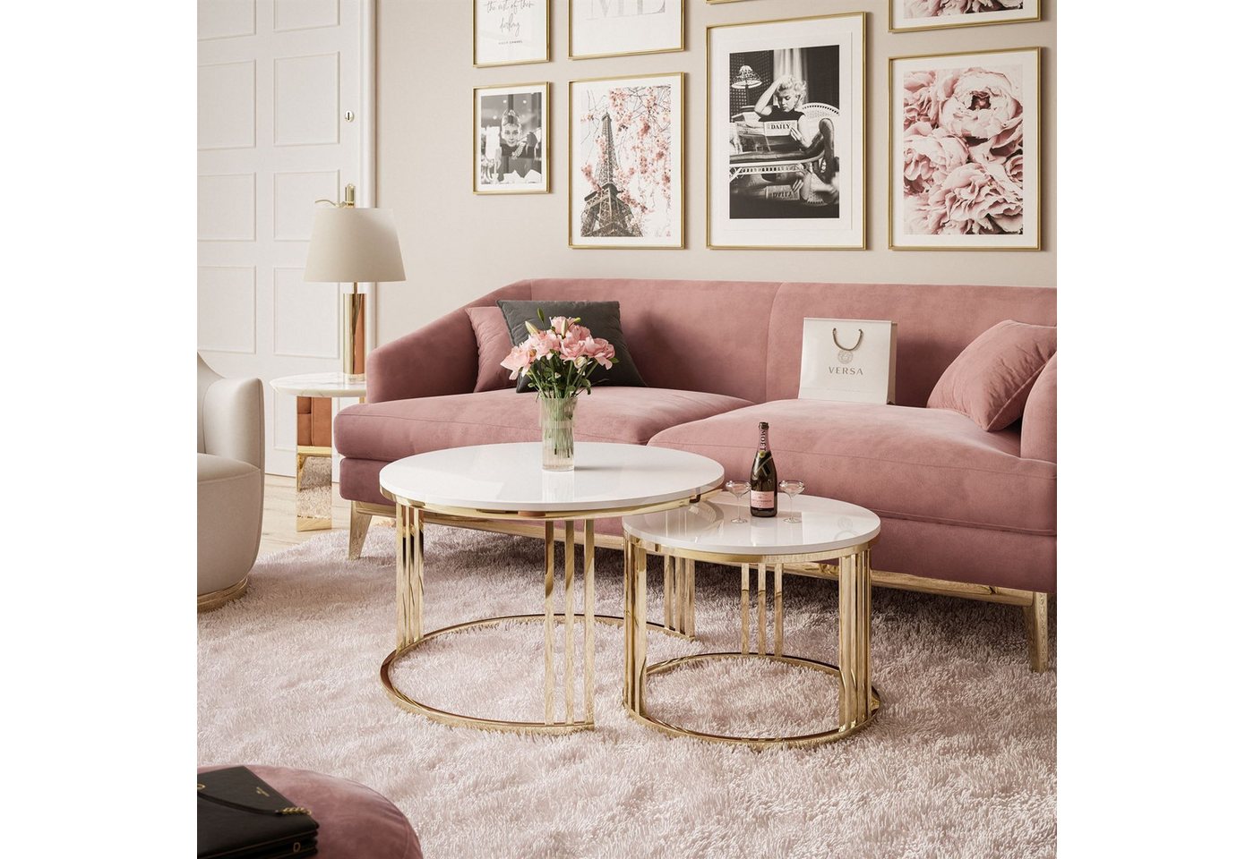ALLHOUSE24 Couchtisch PEONY 2 in 1 GOLD Chrom Metallgestell Hochglanz runder Couchtisch (2er Set), Durchmesser: ⌀70 cm und ⌀50 cm von ALLHOUSE24