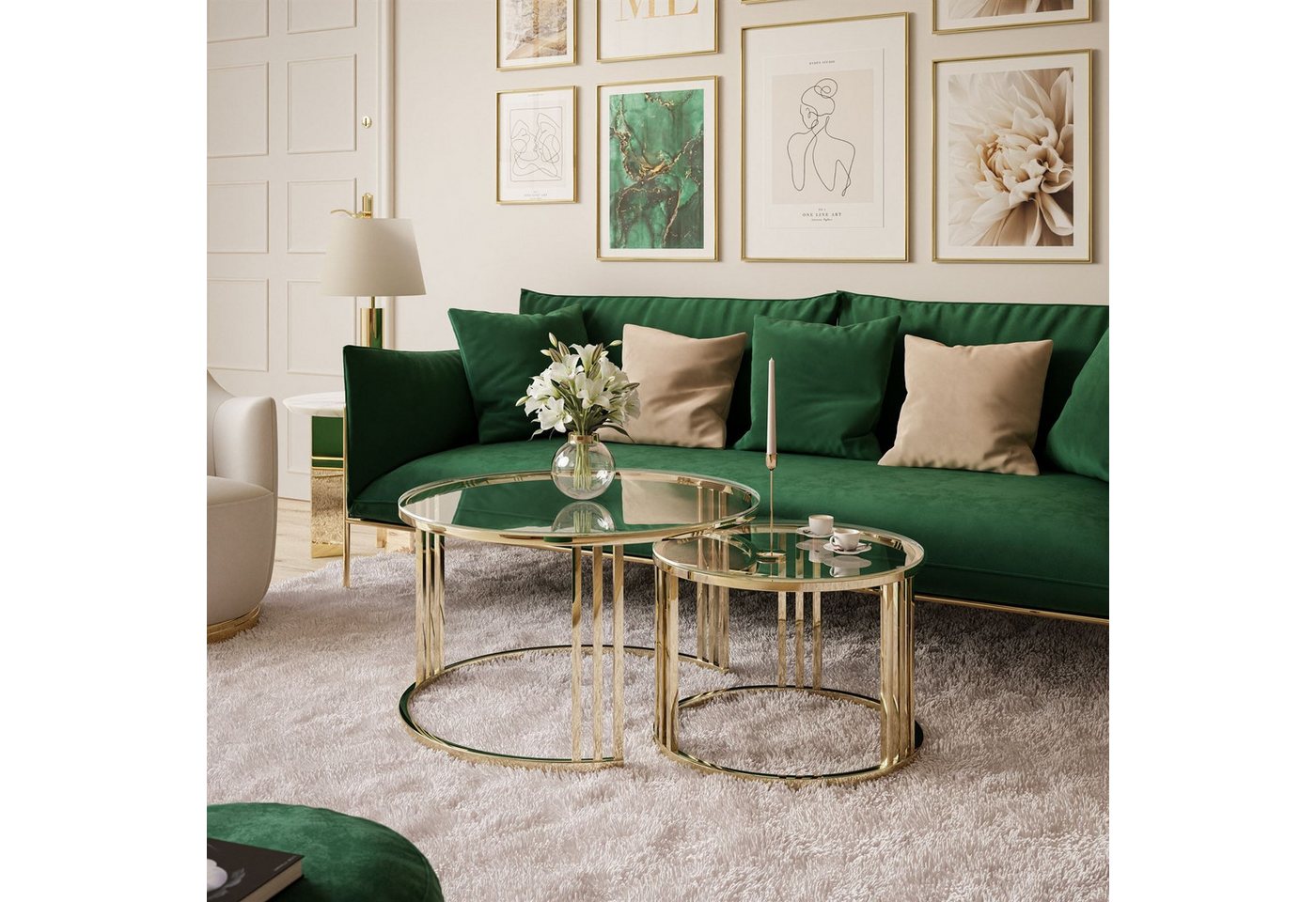 ALLHOUSE24 Couchtisch PEONY 2in1 GLAS runder Couchtisch GOLD Chrom Metallgestell (2er Set), Durchmesser: ⌀70 cm und ⌀50 cm von ALLHOUSE24