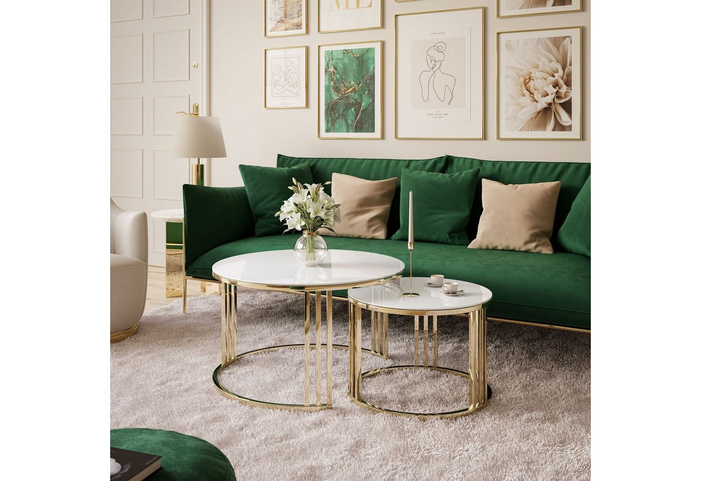 ALLHOUSE24 Couchtisch PEONY 2in1 GLAS runder Couchtisch GOLD Chrom Metallgestell (2er Set), Durchmesser: ⌀70 cm und ⌀50 cm von ALLHOUSE24