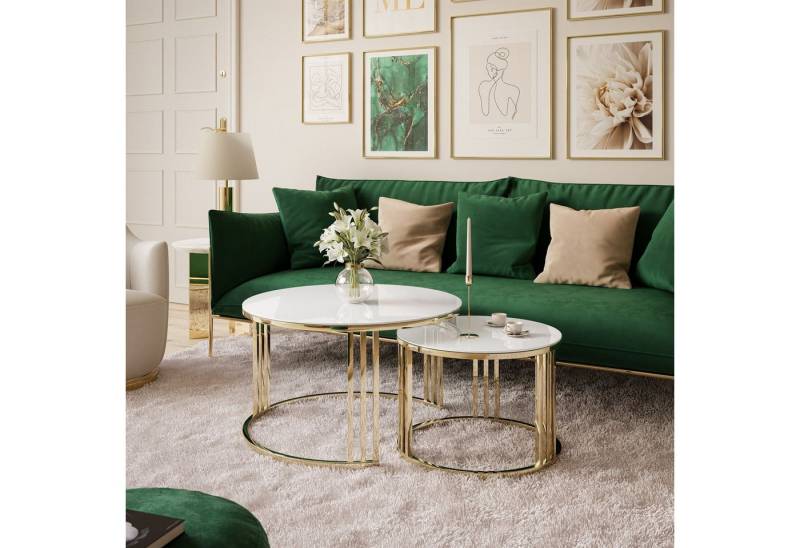 ALLHOUSE24 Couchtisch PEONY 2in1 GLAS runder Couchtisch GOLD Chrom Metallgestell (2er Set), Durchmesser: ⌀70 cm und ⌀50 cm von ALLHOUSE24