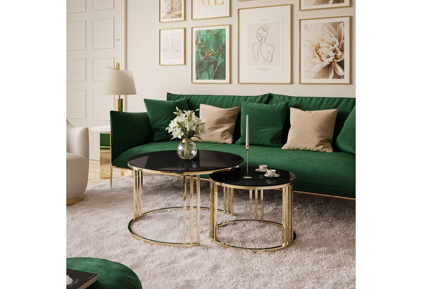 ALLHOUSE24 Couchtisch PEONY 2in1 GLAS runder Couchtisch GOLD Chrom Metallgestell (2er Set), Durchmesser: ⌀70 cm und ⌀50 cm von ALLHOUSE24