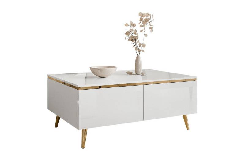 ALLHOUSE24 Couchtisch PEONY weiß Hochglanz Goldchrom Beine mit Stauraum Sofatisch BERLIN von ALLHOUSE24