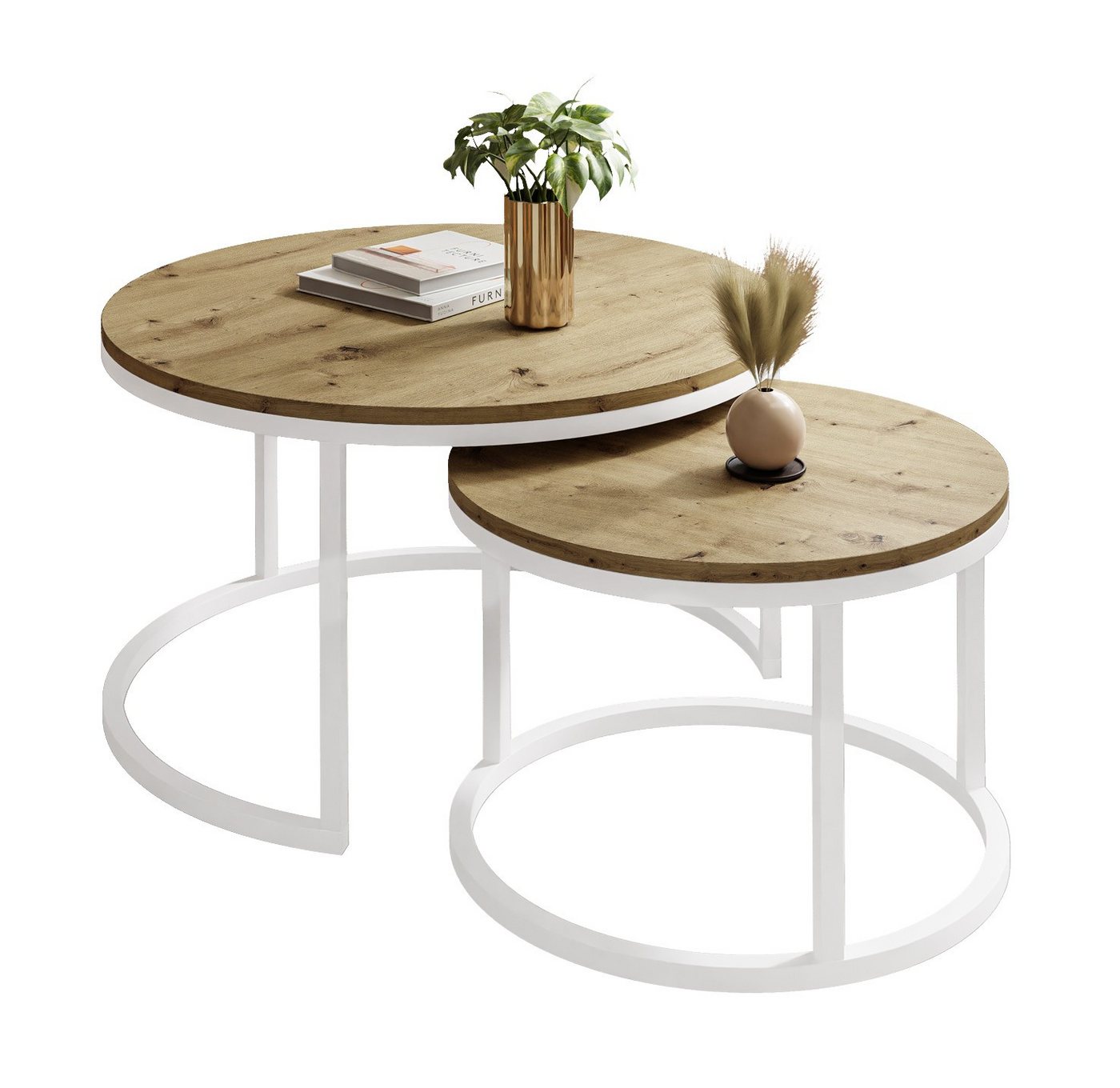 ALLHOUSE24 Couchtisch runder Sofatisch 2 in 1 LOFT Metall Gestell Tisch Ø 80/60 (2er Set), Ø80/60 cm von ALLHOUSE24